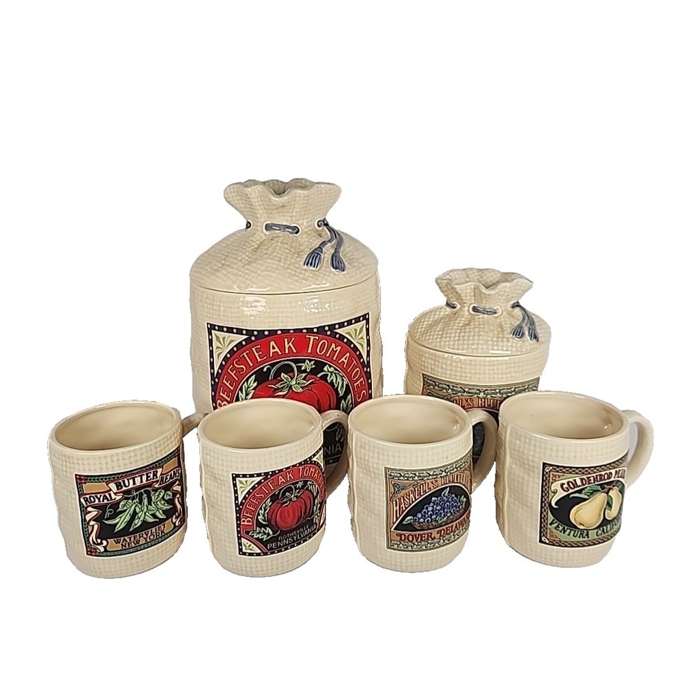VTG 1988 Hearth & Home Designs Ceramic Canister Mug Set Burlap Feed Sack 6Pc